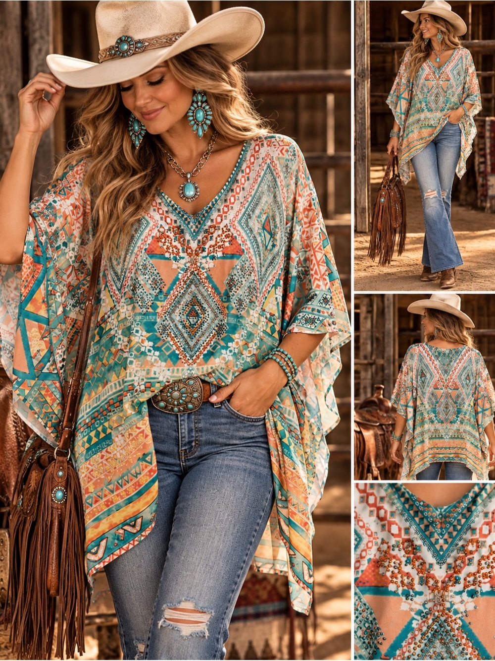 Reba Southwestern Rhinestone Kaftan Tunic Top Turquoise Coral L